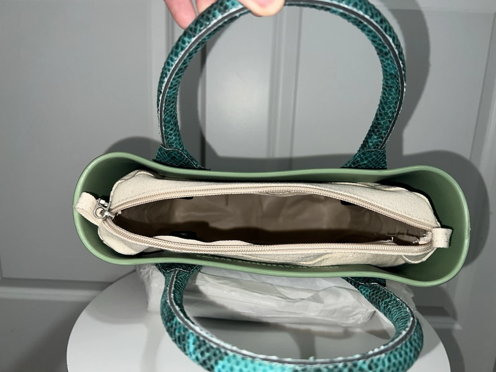 O bag Matcha Green W/ Blue Reptile Handles & Canvas Lining - O Bag