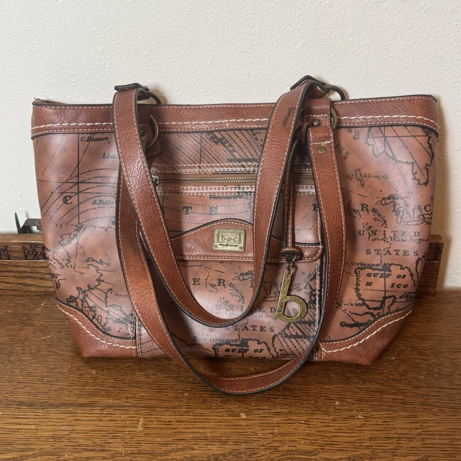 b.o.c. Brown Map Print Tote Shoulder Bag Large Zip Top Travel Work Purse - O Bag