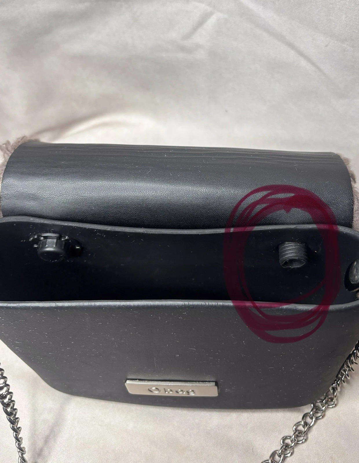 OBag Italy Faux Fur Mini Handbag Taupe Gray Blk Modular EVA Shell Chain Crossbod - O Bag