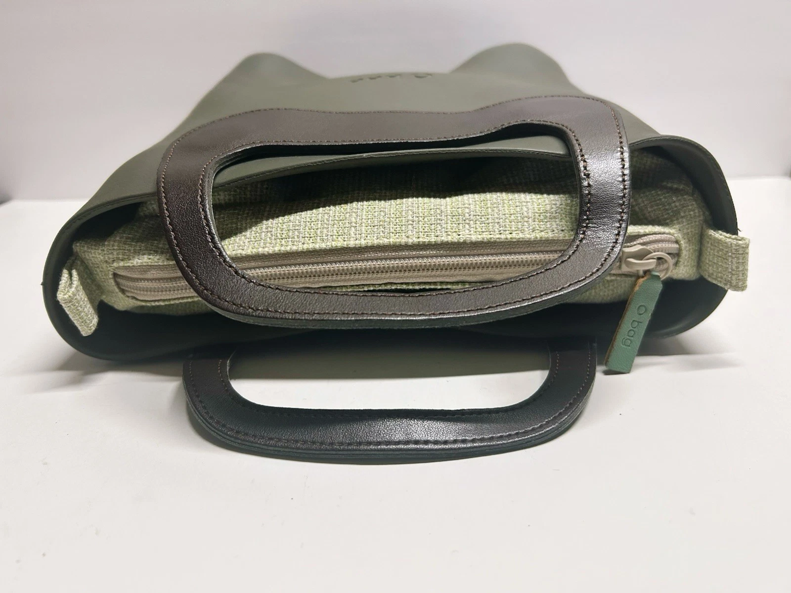 O bag Olive Green Rubber Tote Handbag w Removable Liner Insert Made In Italian - O Bag