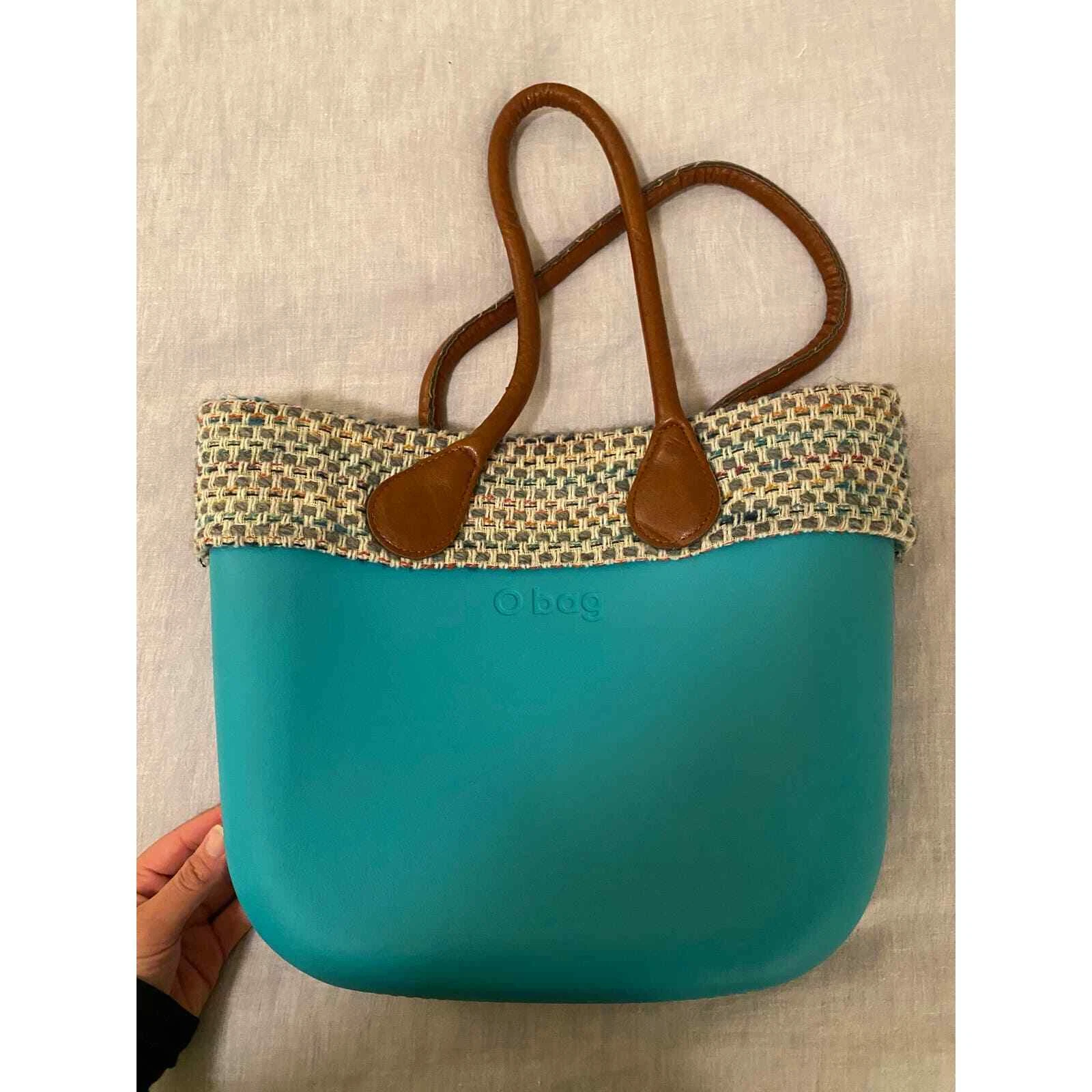 Italian O Bag TEAL with Plaid trim and Leather Handles - O Bag