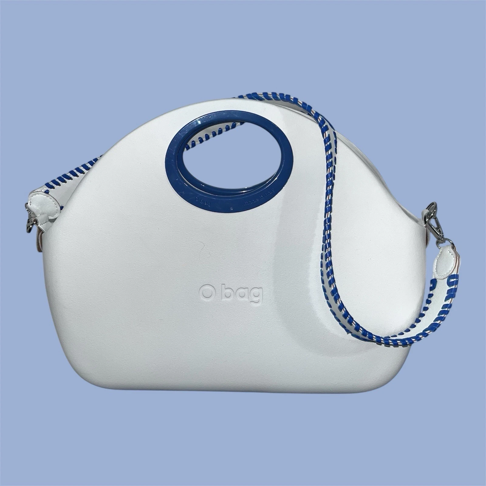 O bag Classic White Shell Blue Handles Liner Whipstitch Strap Modular Italy - O Bag