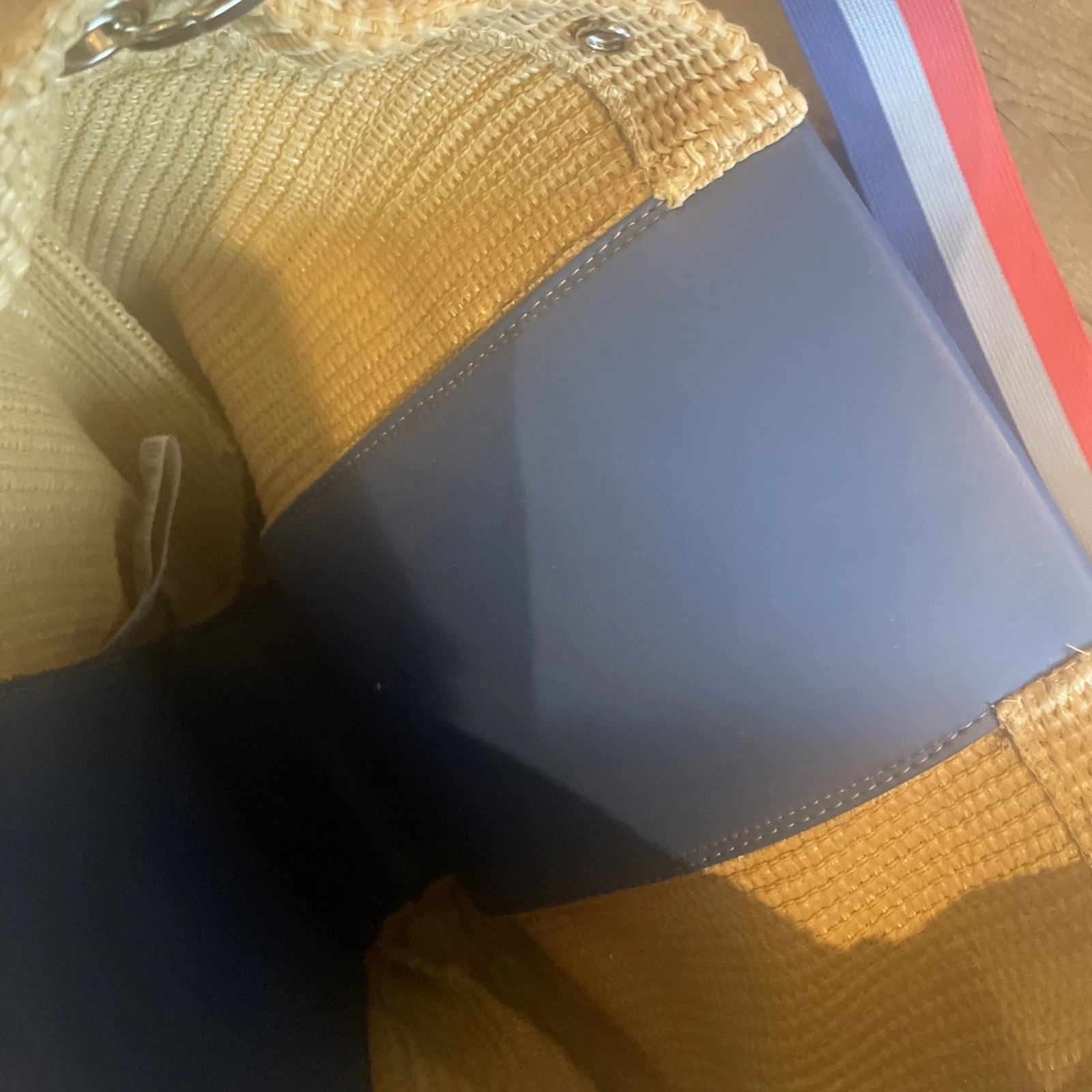 Vtg Obag Italy Blue Striped Woven Crossbody Purse w/Red + Blue Straps 12” x 15” - O Bag