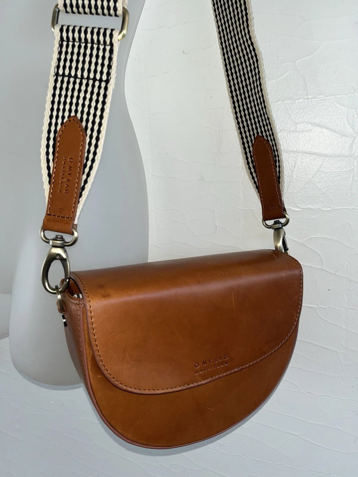 O My Bag Amsterdam AVA Cognac Leather Crossbody Saddle Bag Purse w/ 2 Straps EUC - O Bag