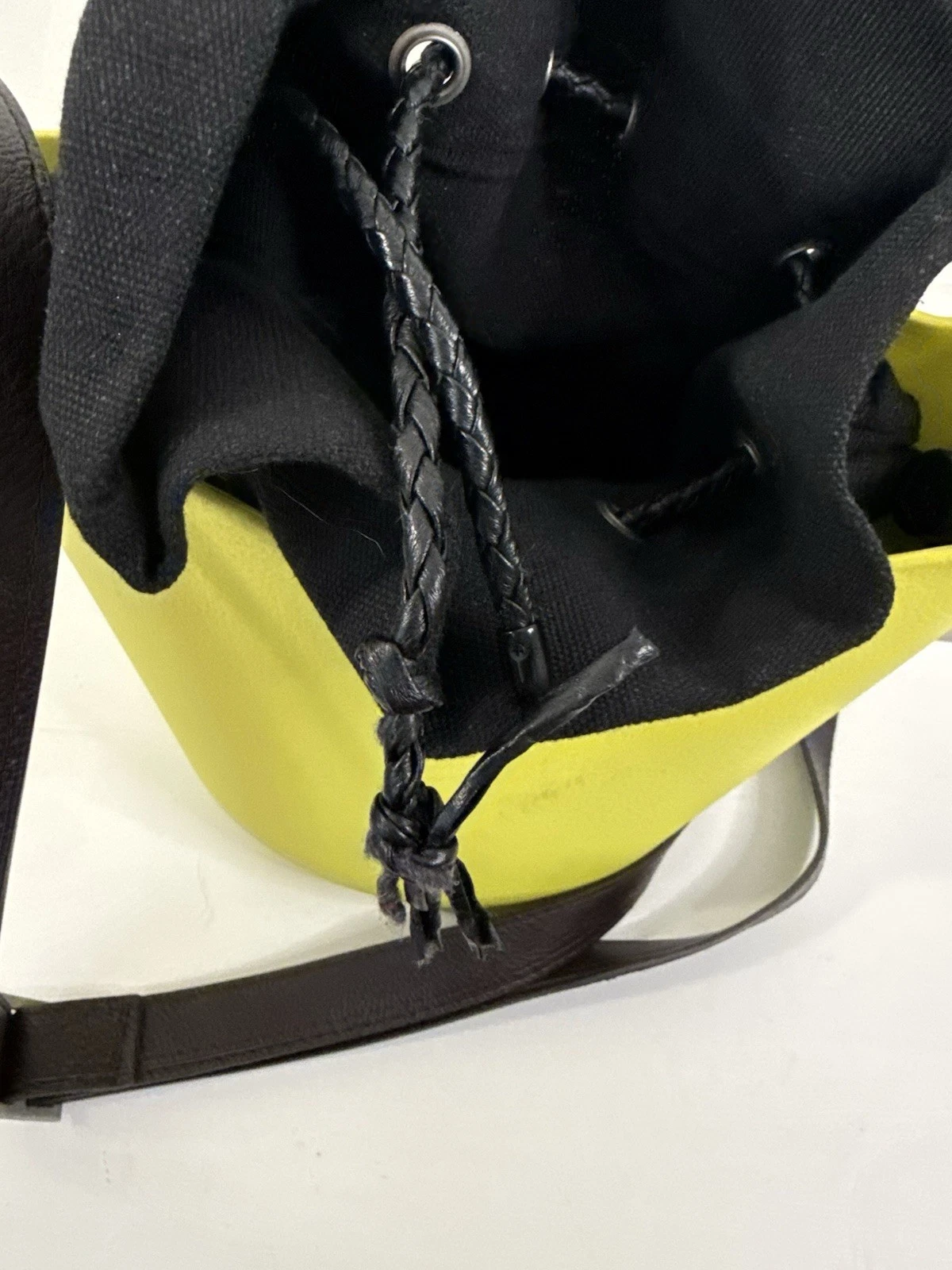 ✿ O bag Mini Bucket Bag Yellow Rubber Body Brown Leather Strap Crossbody Italy - O Bag