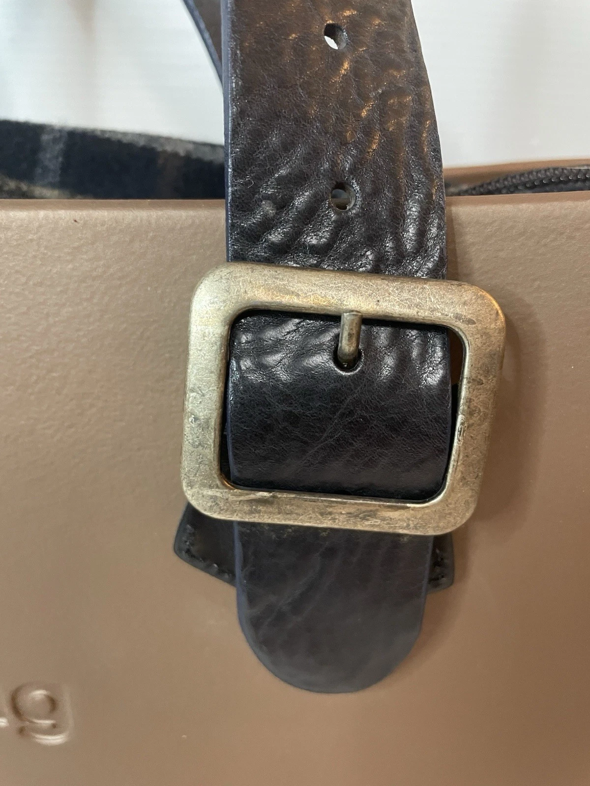 O Bag Italy Tan With Black Leather Straps Plaid Felt Liner Large Tote Bag - O Bag