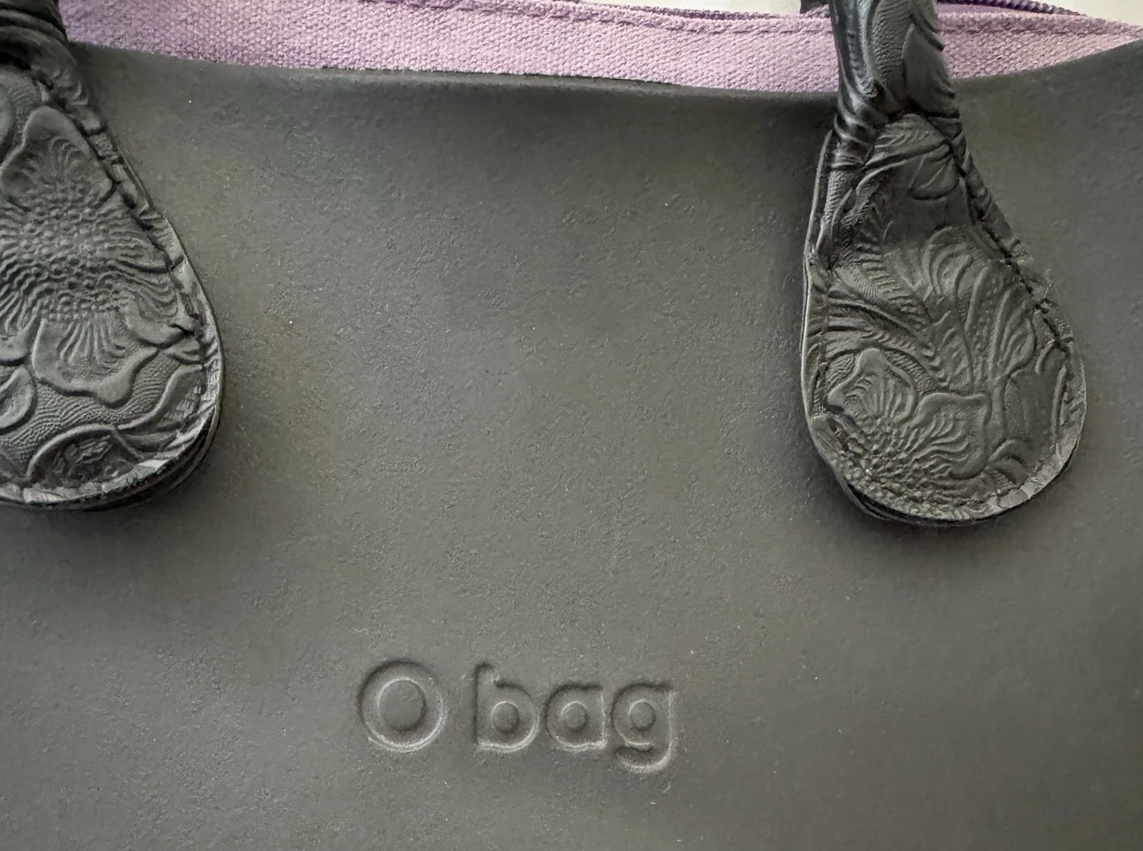 Black rubber O Bag w/ detachable purple liner, double tooled leather straps - O Bag