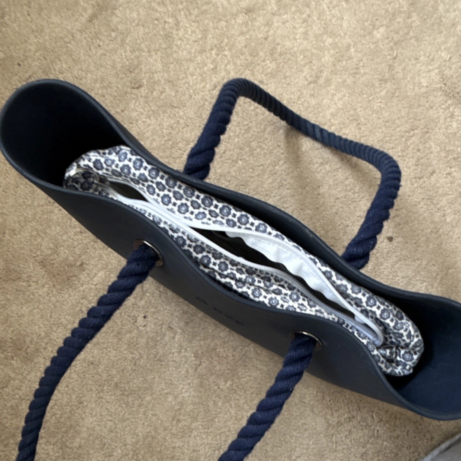O bag Navy Blue Tote with Rope & Silver Handles, Detachable Strap, Zip, Lined - O Bag