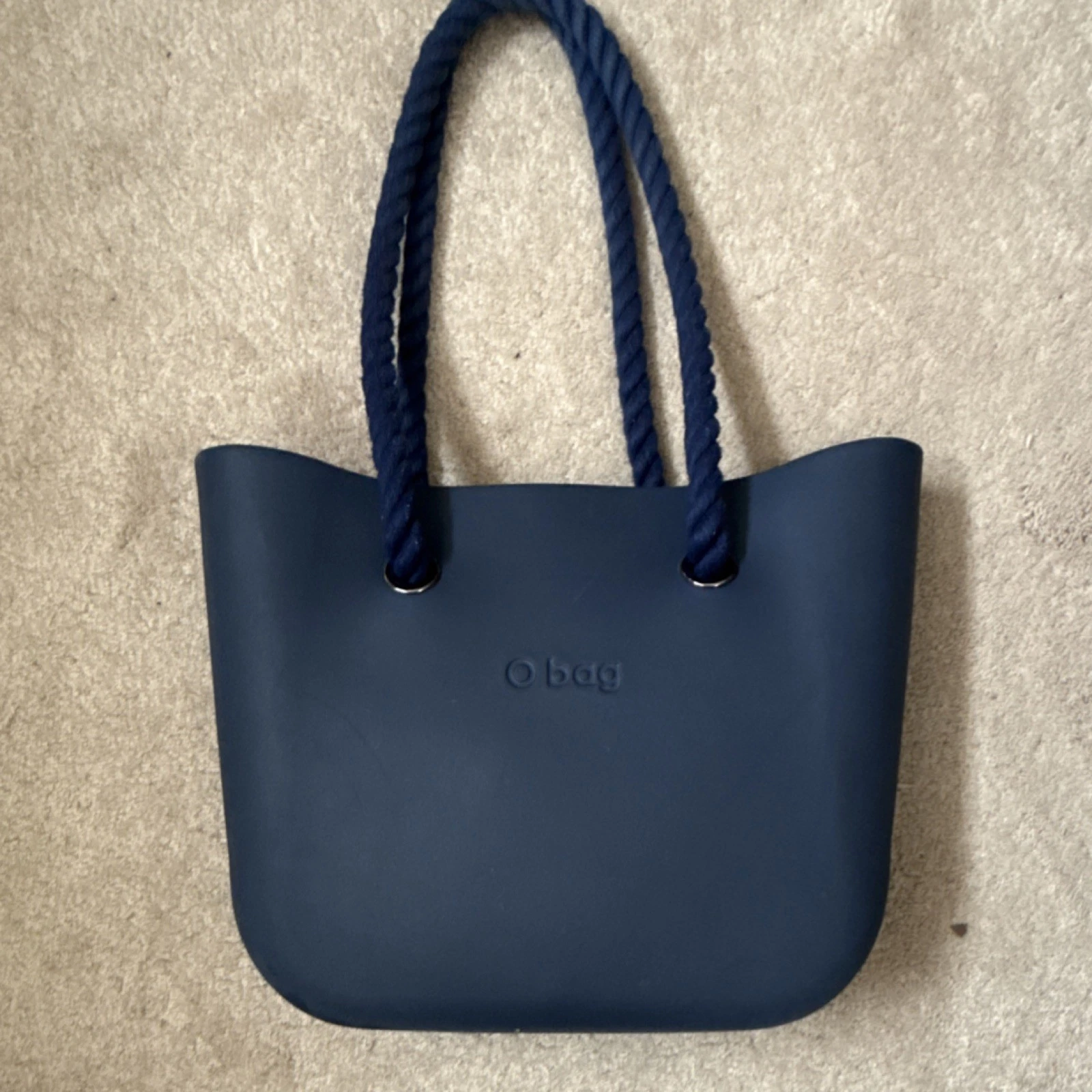O bag Navy Blue Tote with Rope & Silver Handles, Detachable Strap, Zip, Lined - O Bag