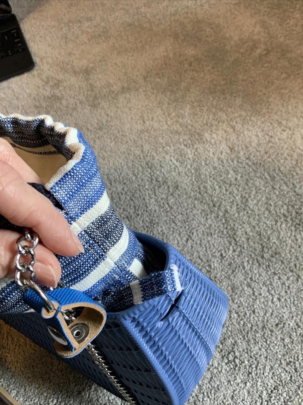 O Bag Made In Italy Rubber Shoulder Fabric Insert Chain Handle Blue Striped Flaw - O Bag