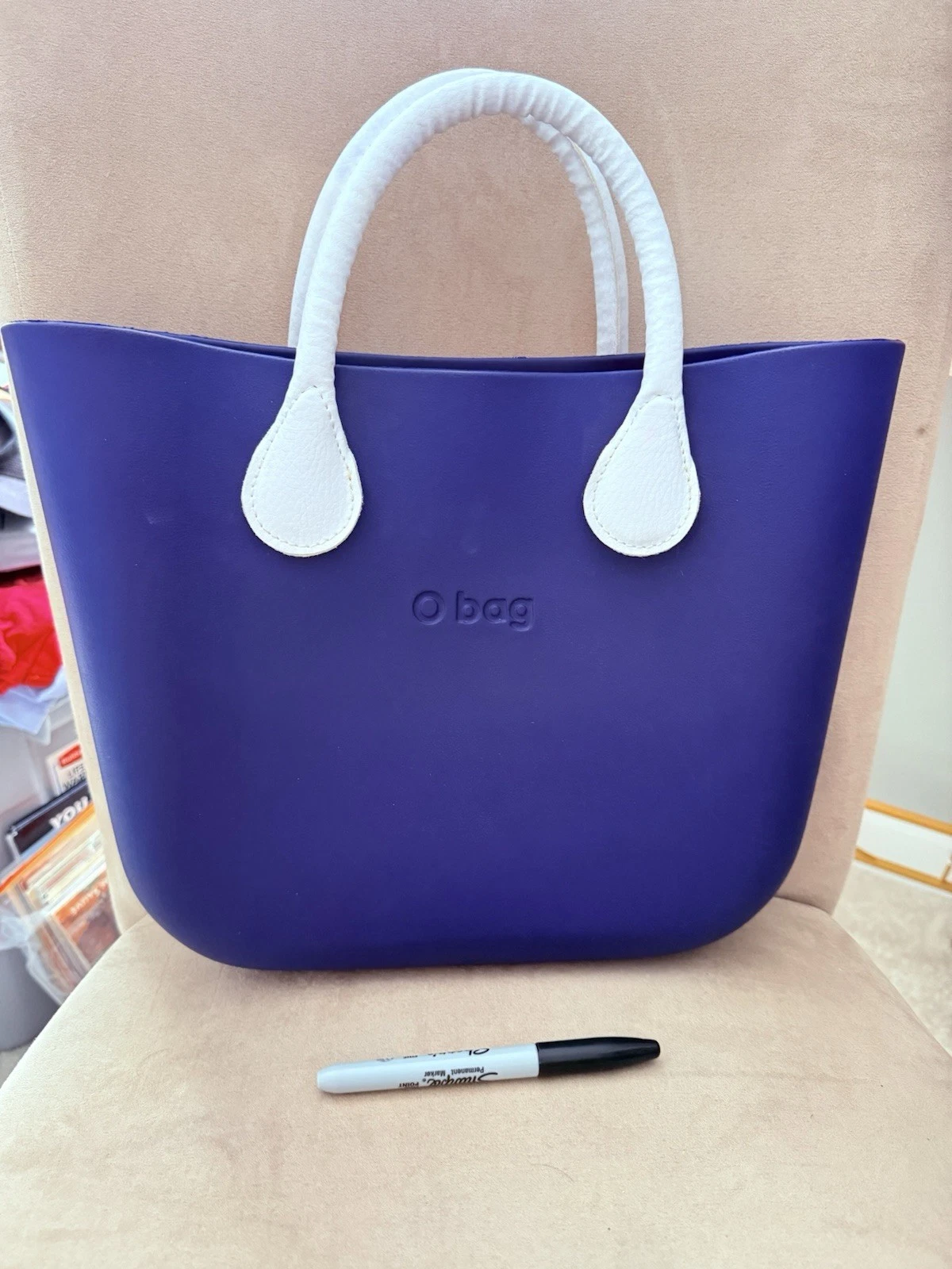 O Bag Blue Italian Handbag Purse Waterproof White Handles Removable Lining - O Bag