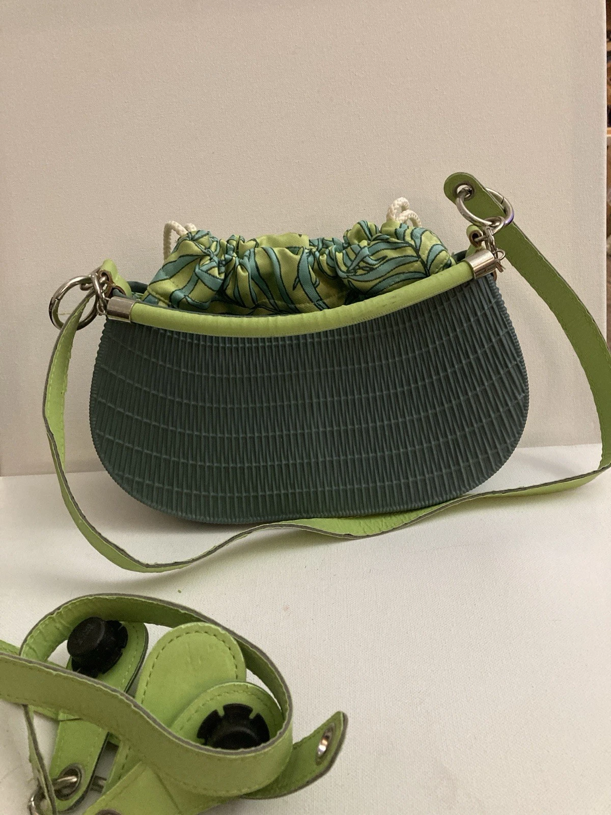 O bag Italian Green Gray Bag plastic on the bottom fabric bag inside 11x7 boho - O Bag