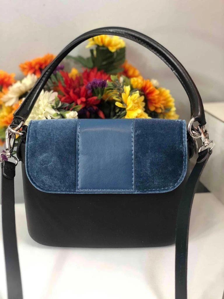 O BAG Italy Studs Blue Velvet with Rubber Body Satchel Flap Crossbody Bag - O Bag