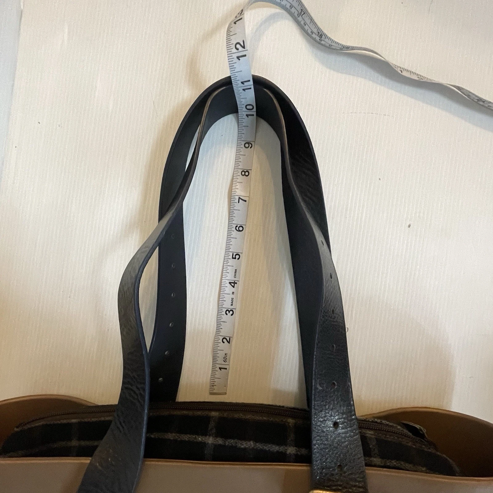 O Bag Italy Tan With Black Leather Straps Plaid Felt Liner Large Tote Bag - O Bag