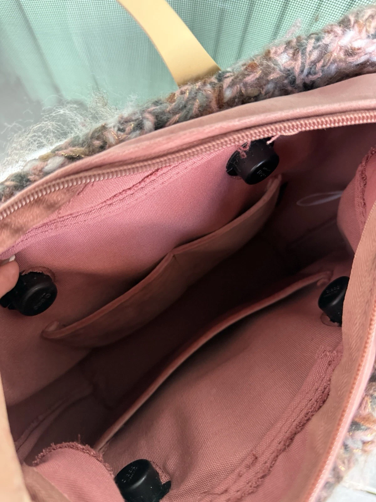 O Bag Beige Tote with Knit Tweed Top Trim & Pink Handles - O Bag