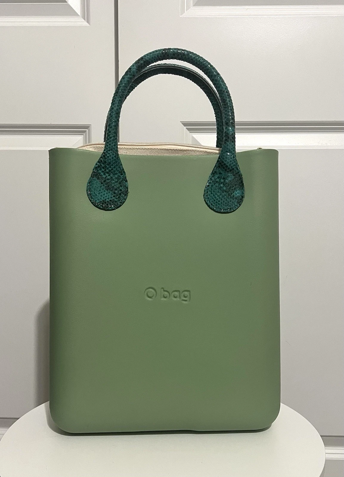 O bag Matcha Green W/ Blue Reptile Handles & Canvas Lining - O Bag