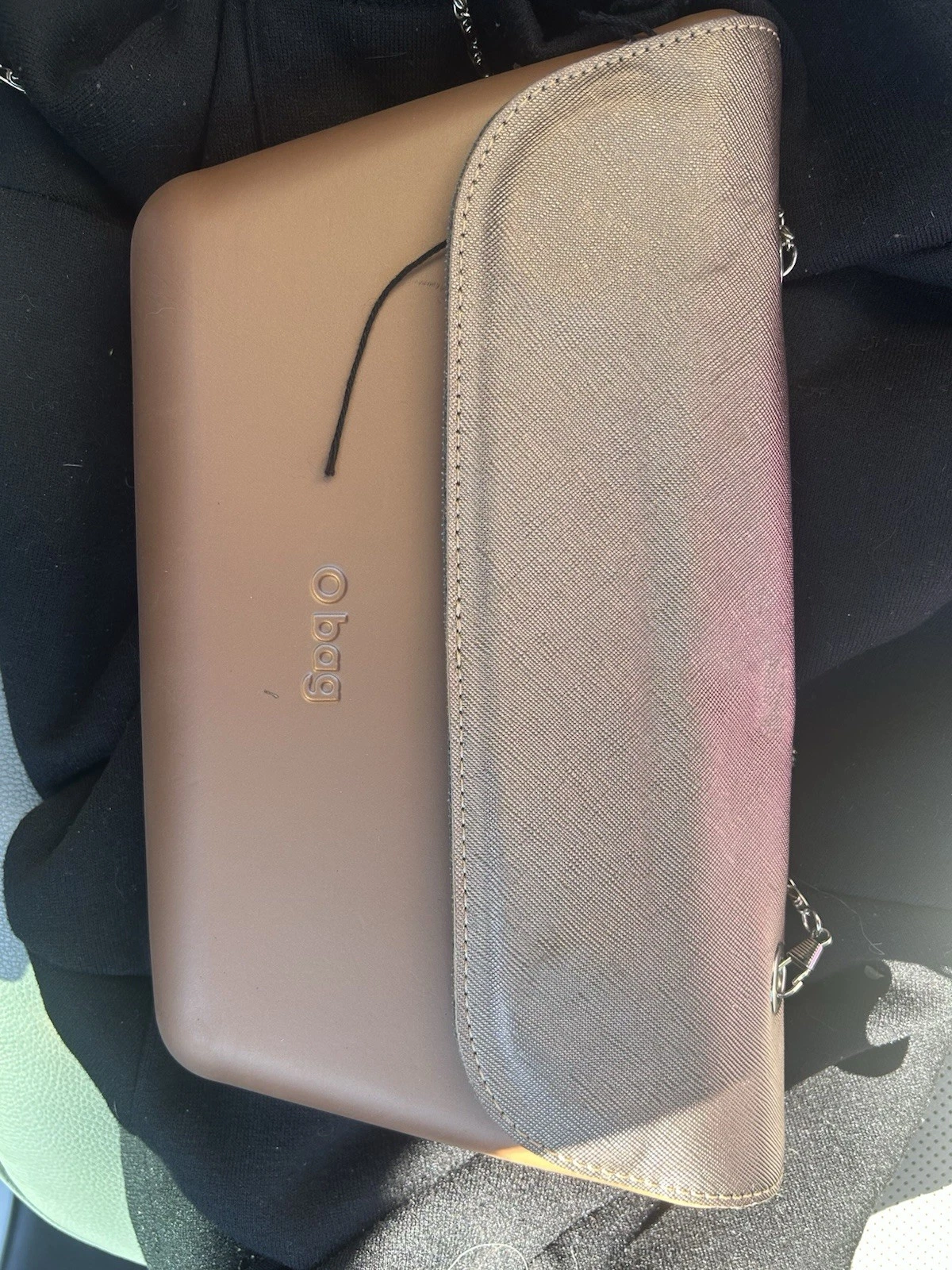 O bag Crossbody Purse Tan EVA Body w/Metallic Taupe Saffiano Flap Silver Strap - O Bag