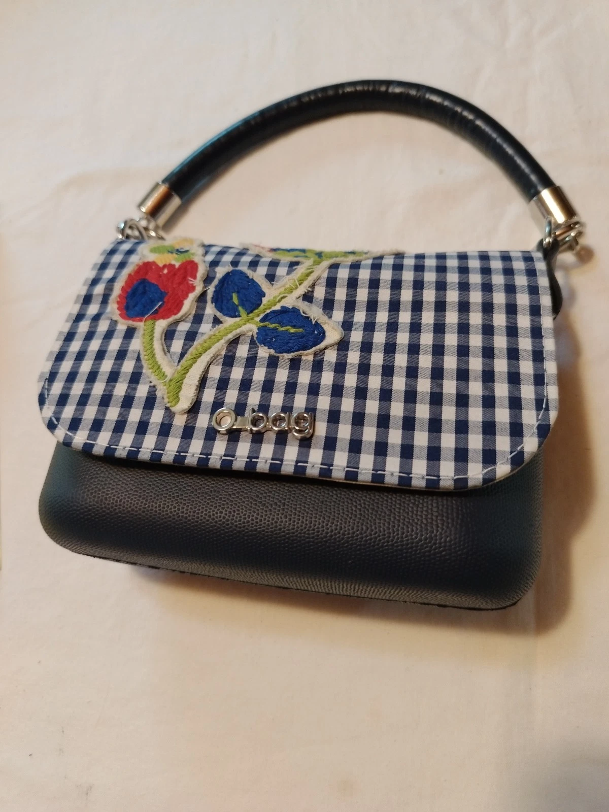 O Bag With A Checked Fabric Flap With Floral Embroidery, Small 6