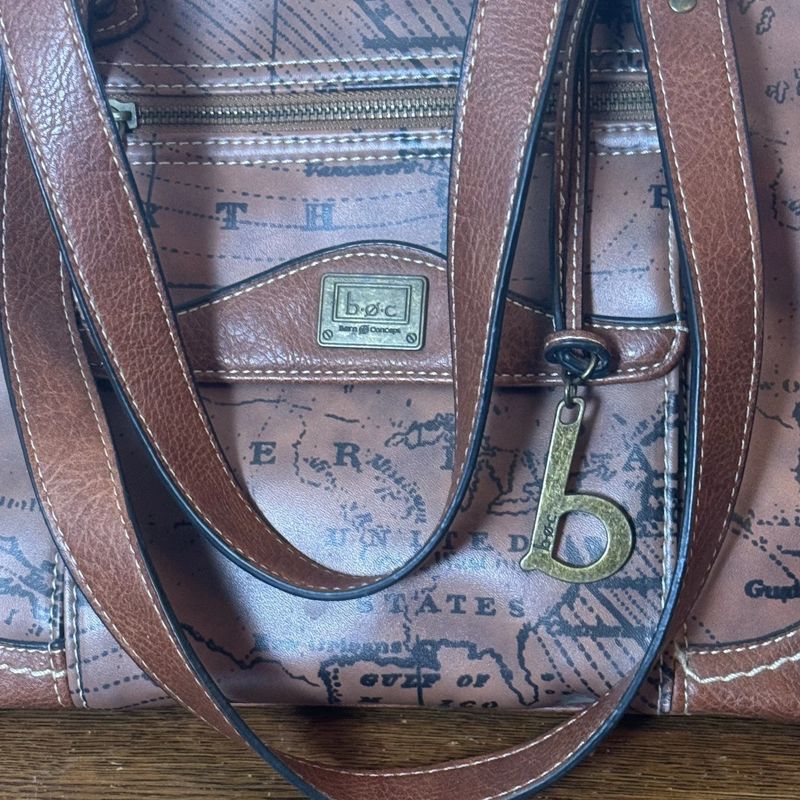 b.o.c. Brown Map Print Tote Shoulder Bag Large Zip Top Travel Work Purse - O Bag