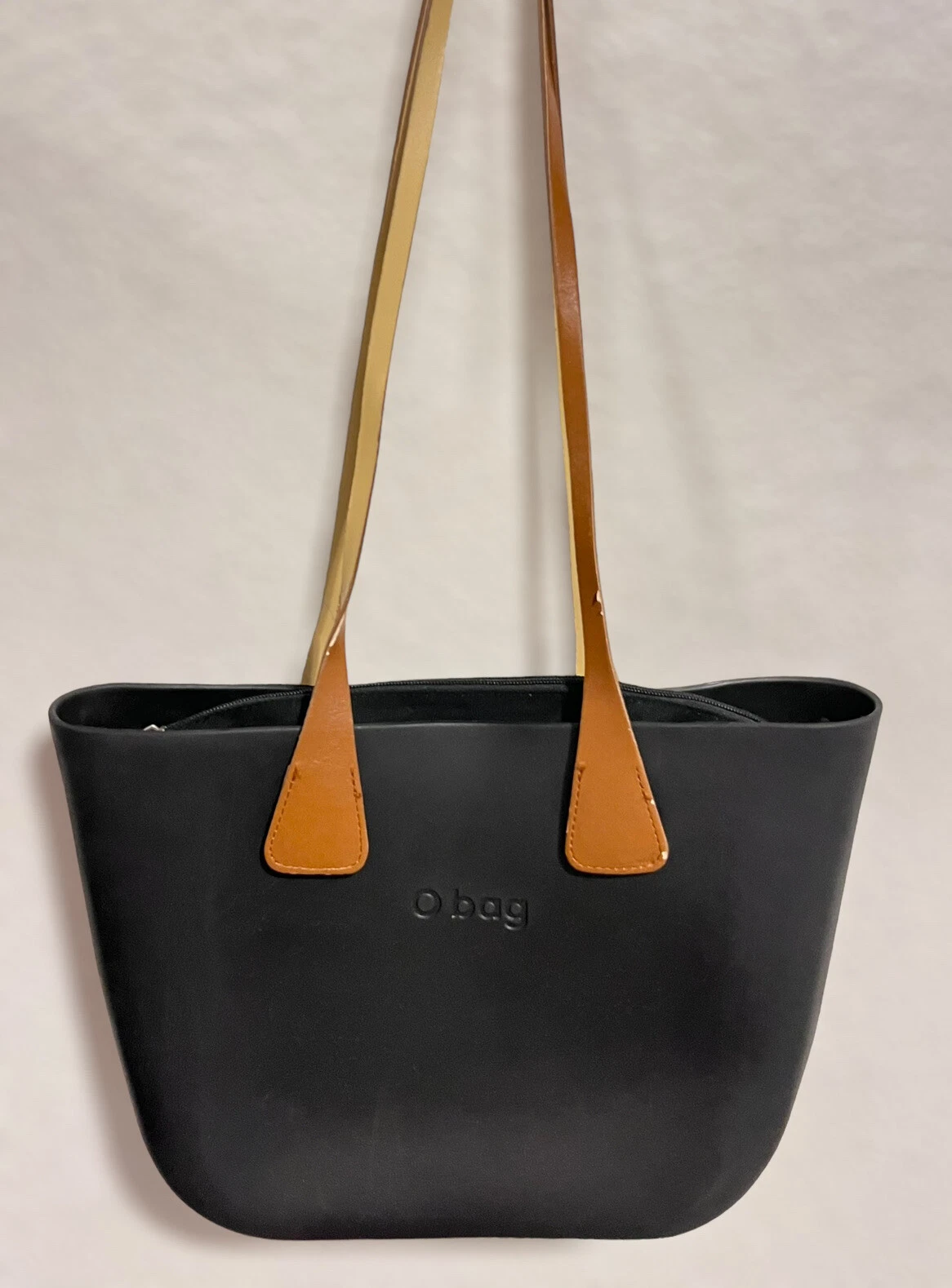 O Bag Italy Black Tote Rubber Canvas Insert Brown Faux Leather Handles - O Bag