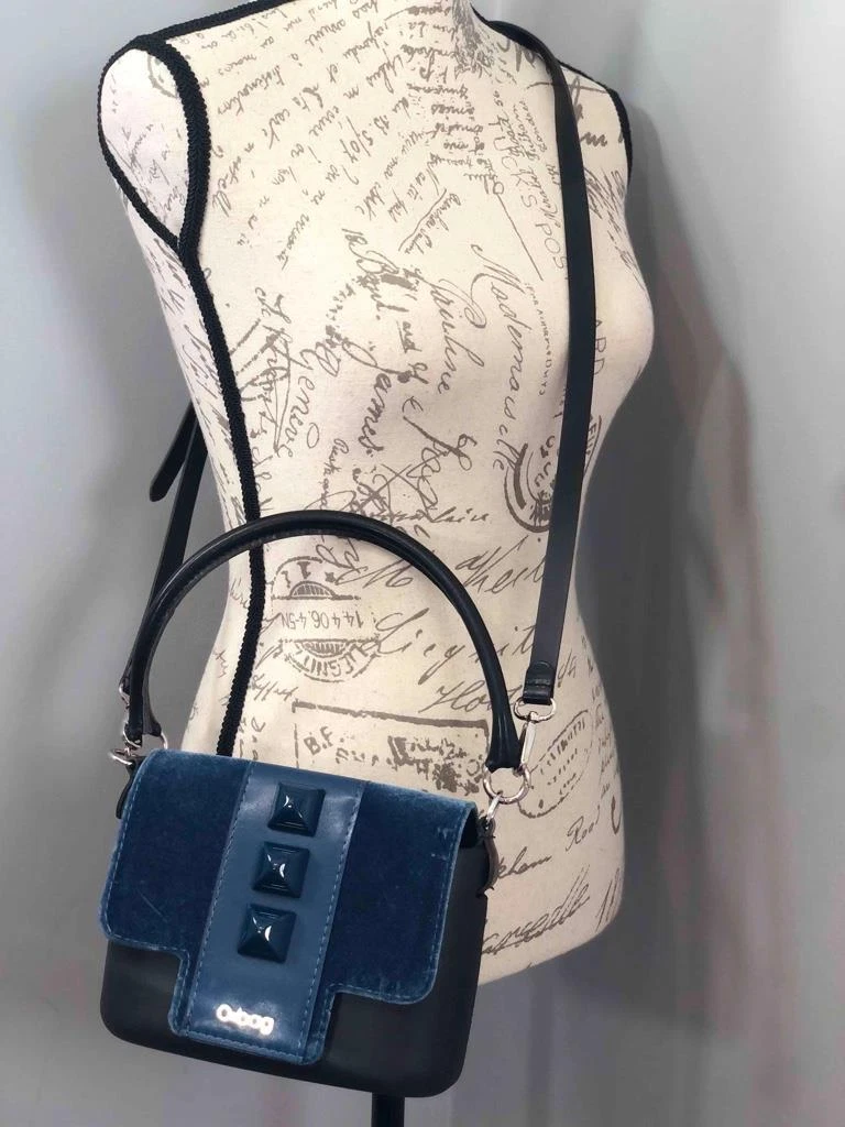O BAG Italy Studs Blue Velvet with Rubber Body Satchel Flap Crossbody Bag - O Bag