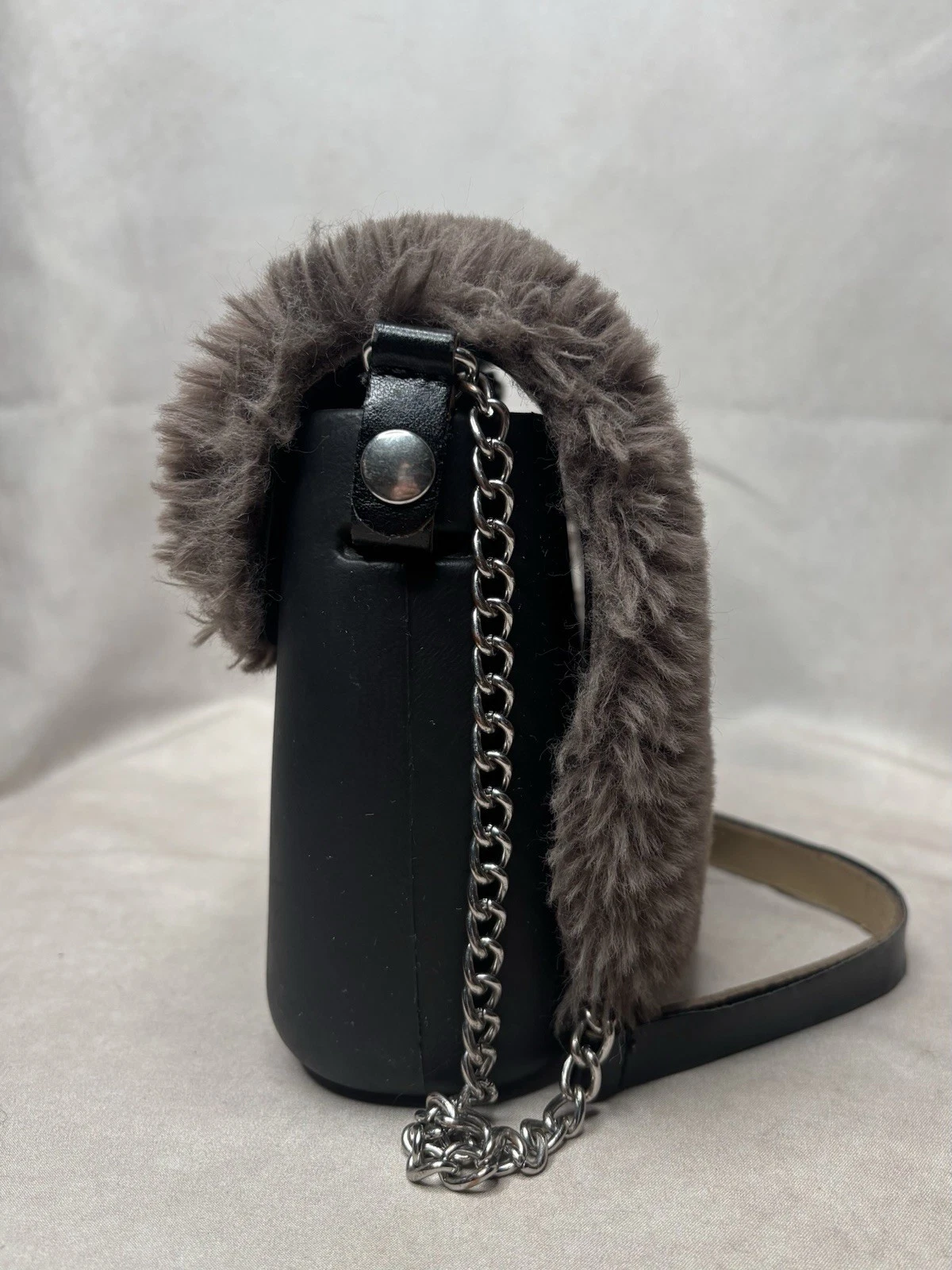 OBag Italy Faux Fur Mini Handbag Taupe Gray Blk Modular EVA Shell Chain Crossbod - O Bag