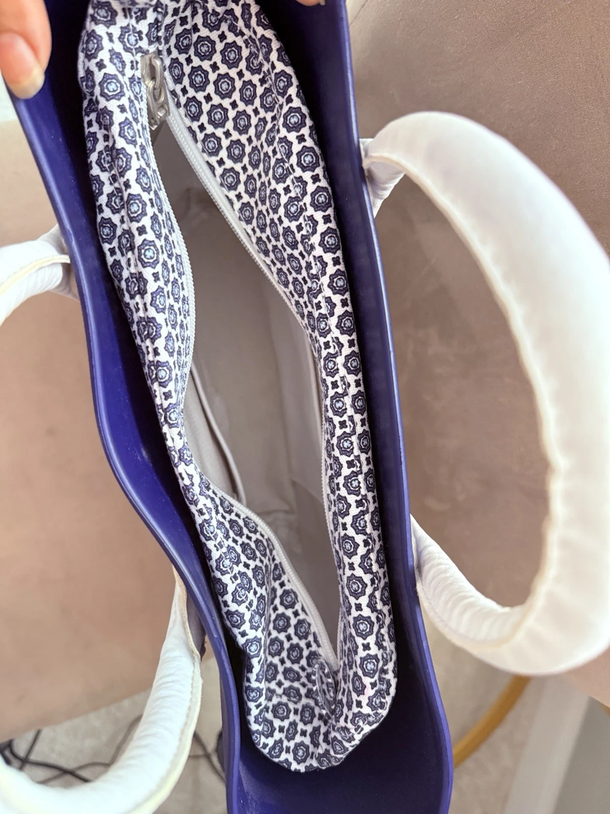 O Bag Blue Italian Handbag Purse Waterproof White Handles Removable Lining - O Bag