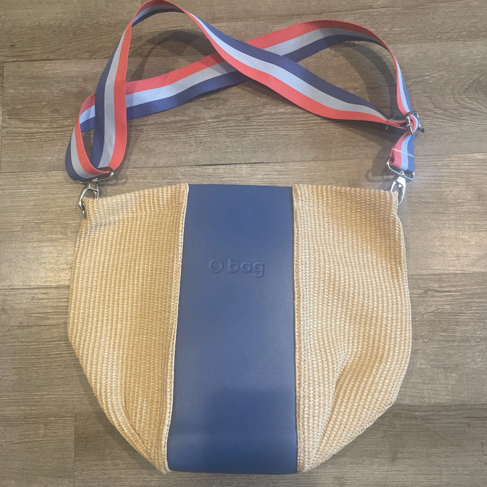 Vtg Obag Italy Blue Striped Woven Crossbody Purse w/Red + Blue Straps 12” x 15” - O Bag