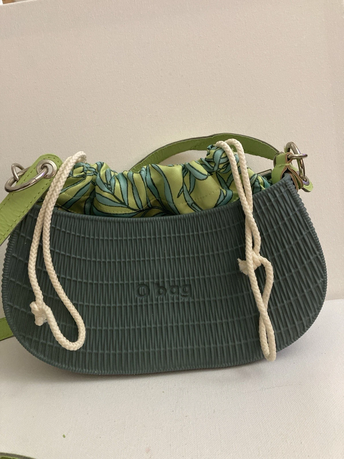 O bag Italian Green Gray Bag plastic on the bottom fabric bag inside 11x7 boho - O Bag