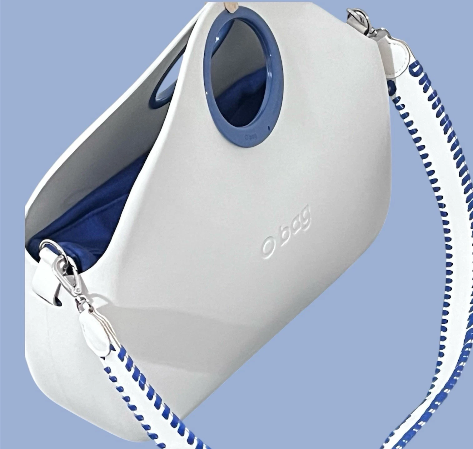 O bag Classic White Shell Blue Handles Liner Whipstitch Strap Modular Italy - O Bag
