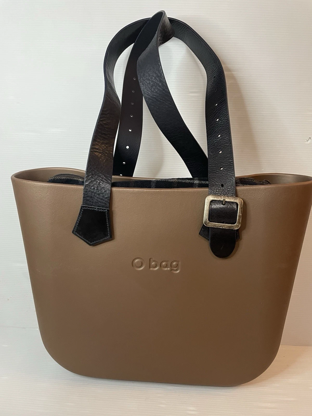 O Bag Italy Tan With Black Leather Straps Plaid Felt Liner Large Tote Bag - O Bag