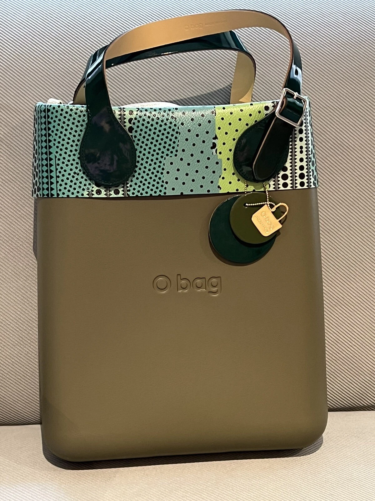 O bag Obag Italy Metallic Green Printed Trim Borsa Chic Eva Large Tote Purse New - O Bag