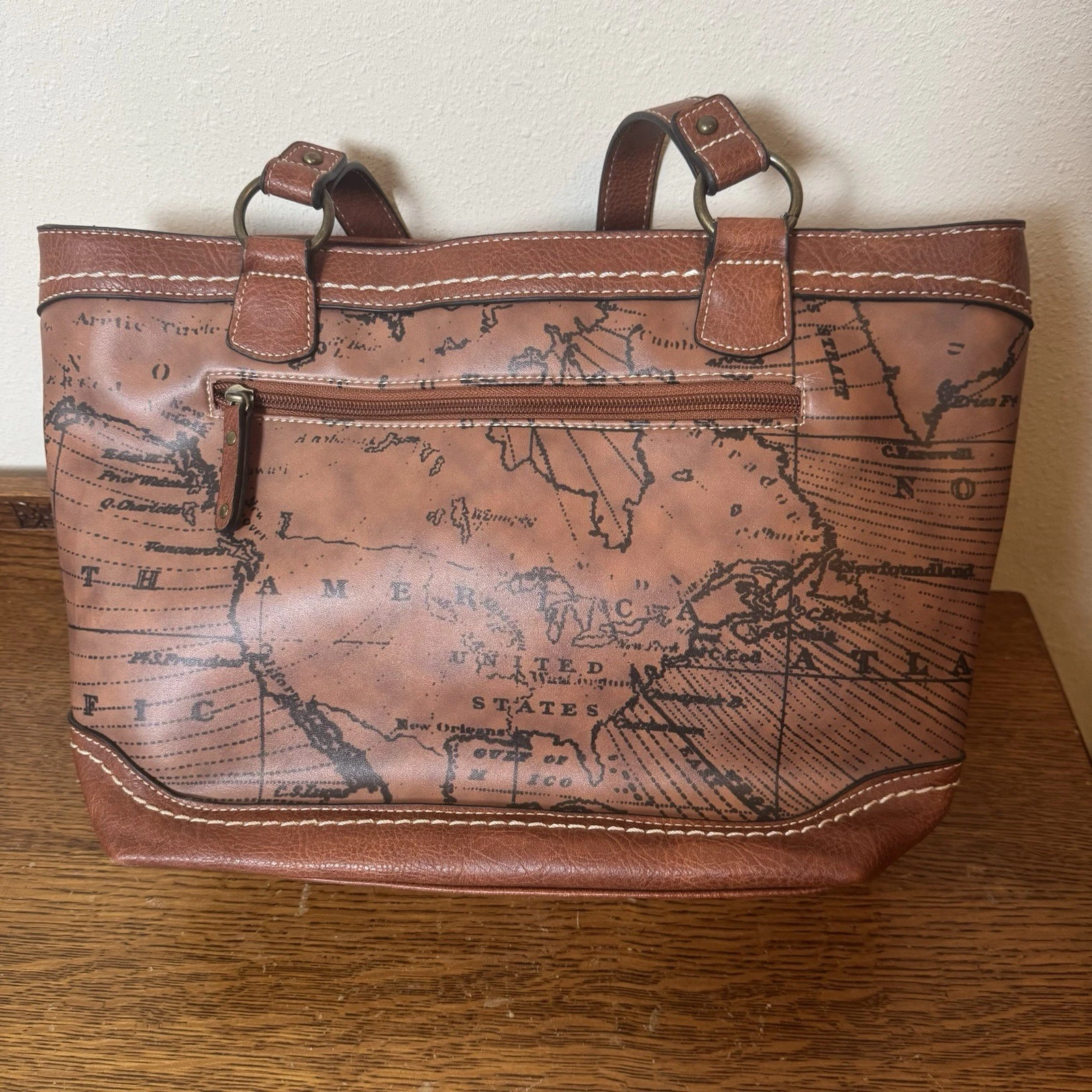 b.o.c. Brown Map Print Tote Shoulder Bag Large Zip Top Travel Work Purse - O Bag