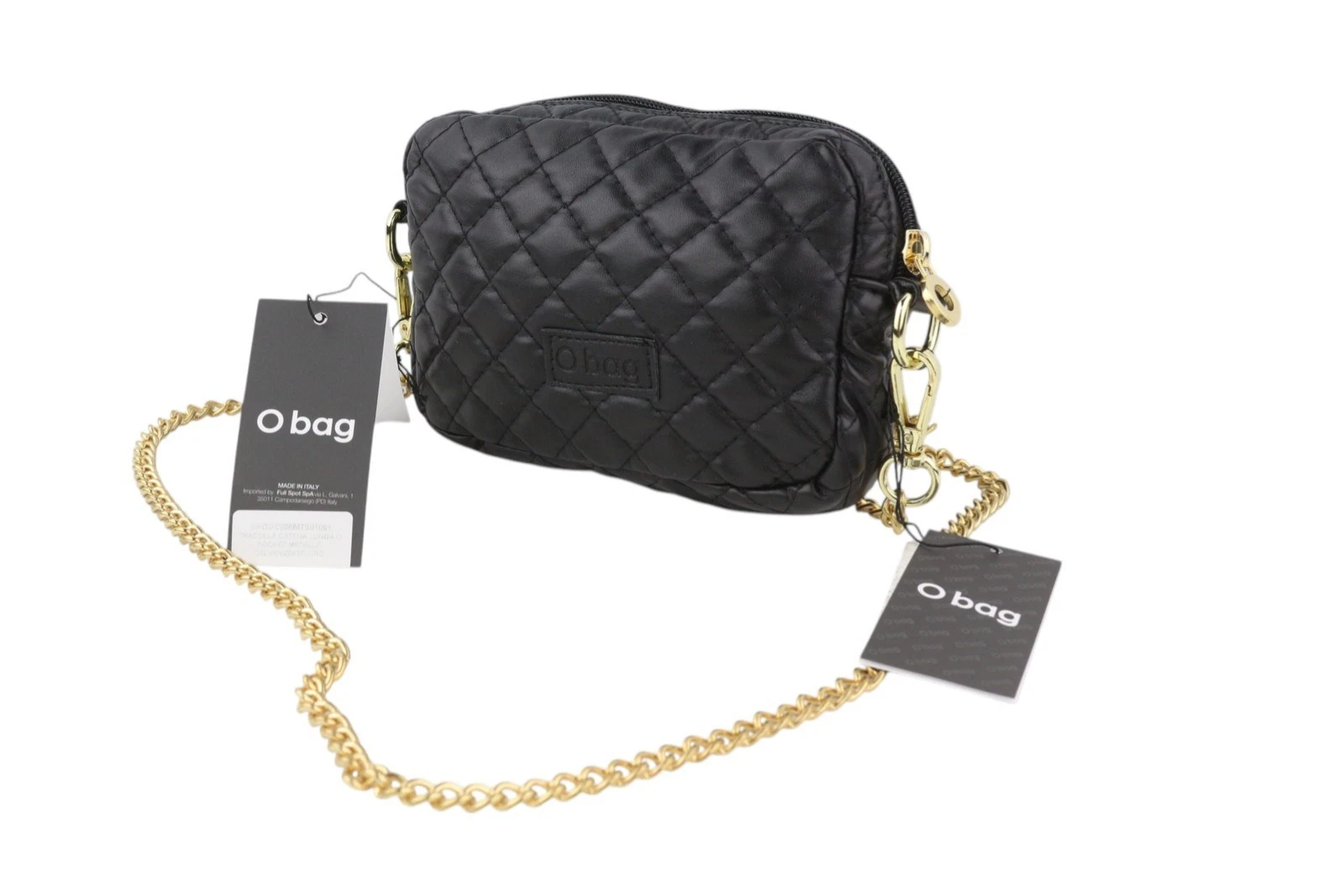 O Bag Extra Pocket Women's Bag OS Black Quilted Coated Gold Chain Crossbody - O Bag