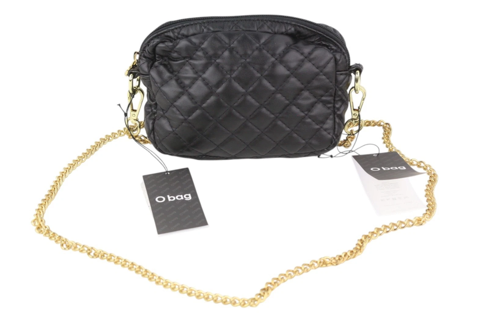 O Bag Extra Pocket Women's Bag OS Black Quilted Coated Gold Chain Crossbody - O Bag
