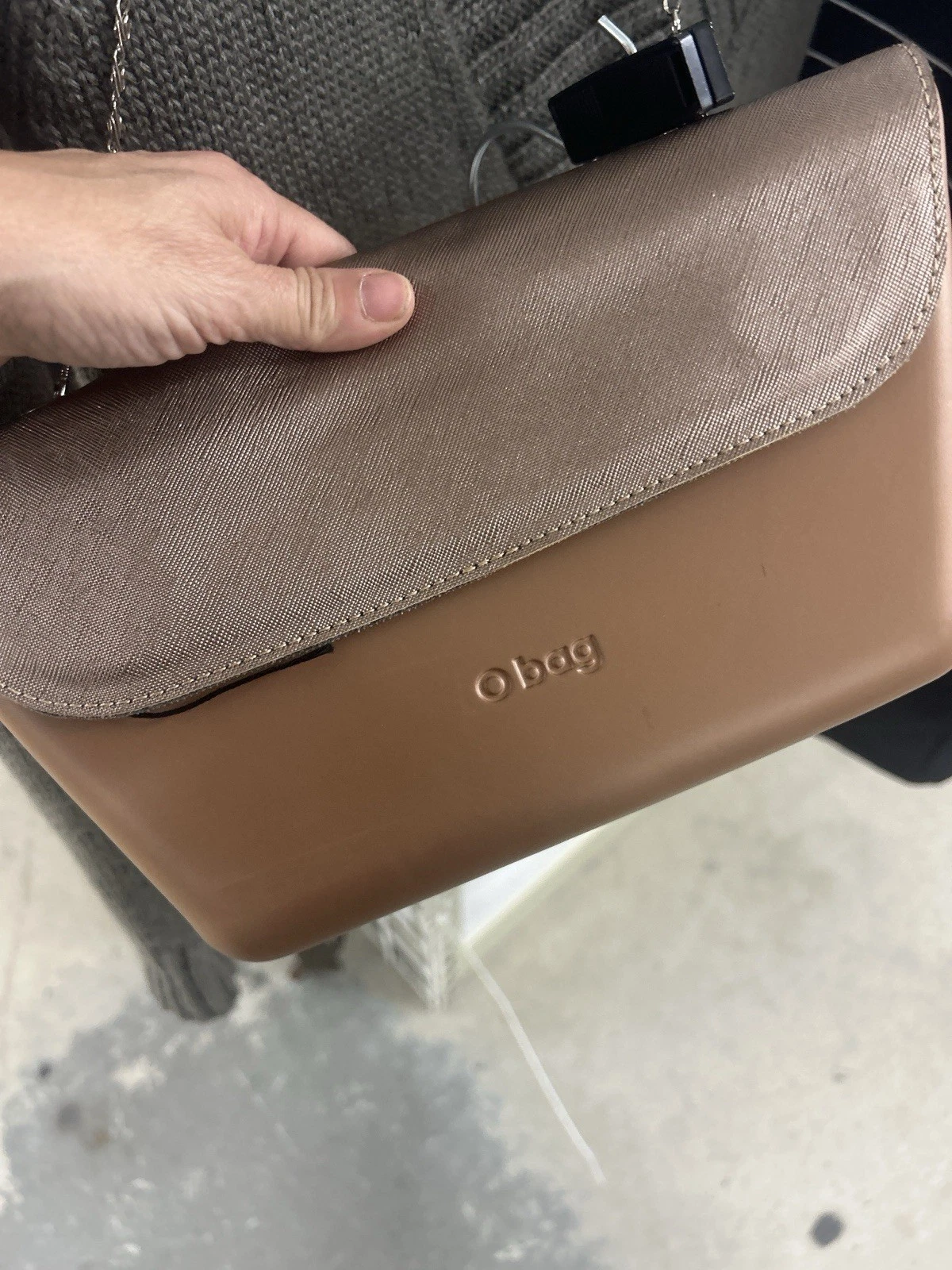 O bag Crossbody Purse Tan EVA Body w/Metallic Taupe Saffiano Flap Silver Strap - O Bag