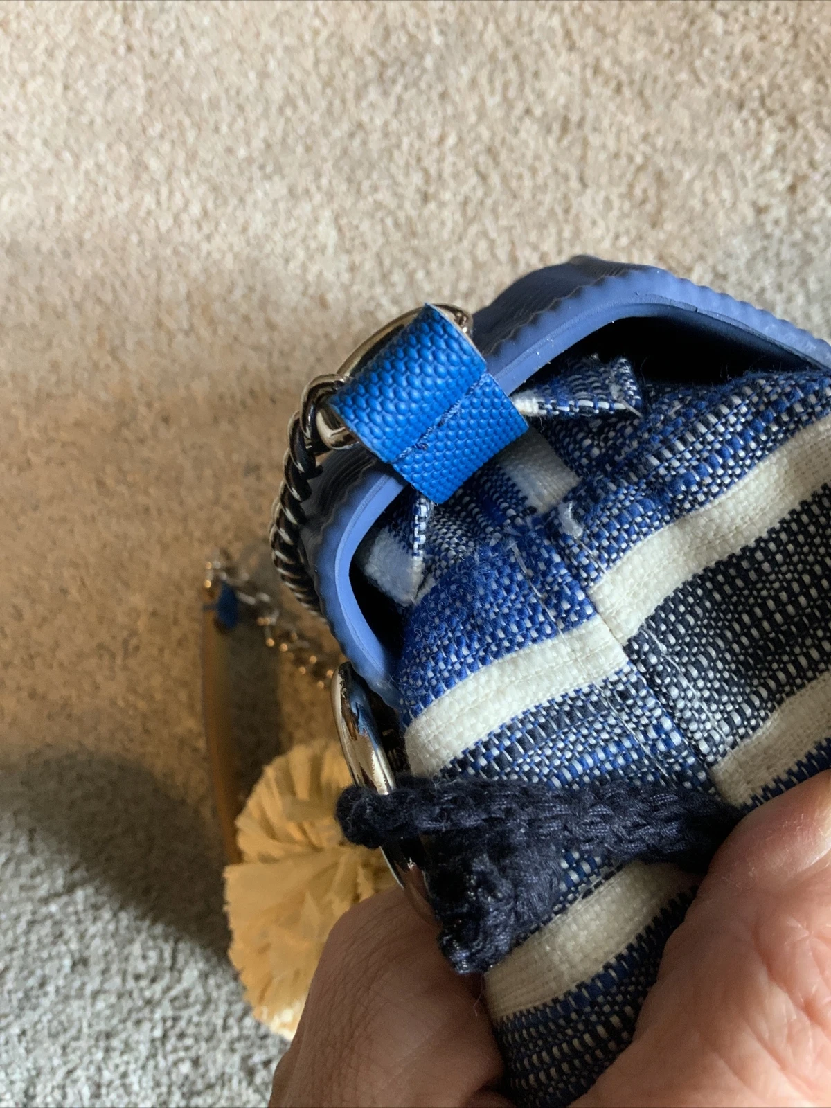 O Bag Made In Italy Rubber Shoulder Fabric Insert Chain Handle Blue Striped Flaw - O Bag